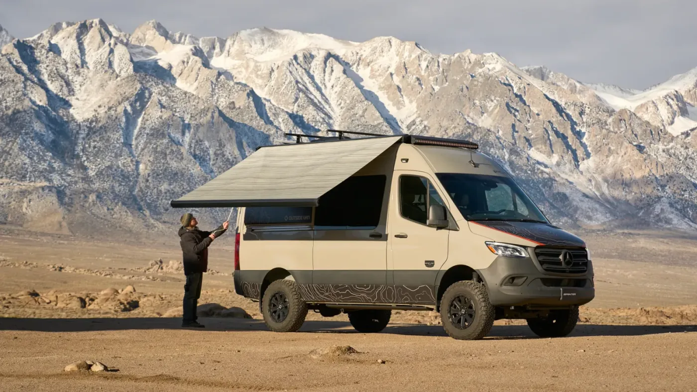 Outside Van Syncline camper van parked at a remote trailhead