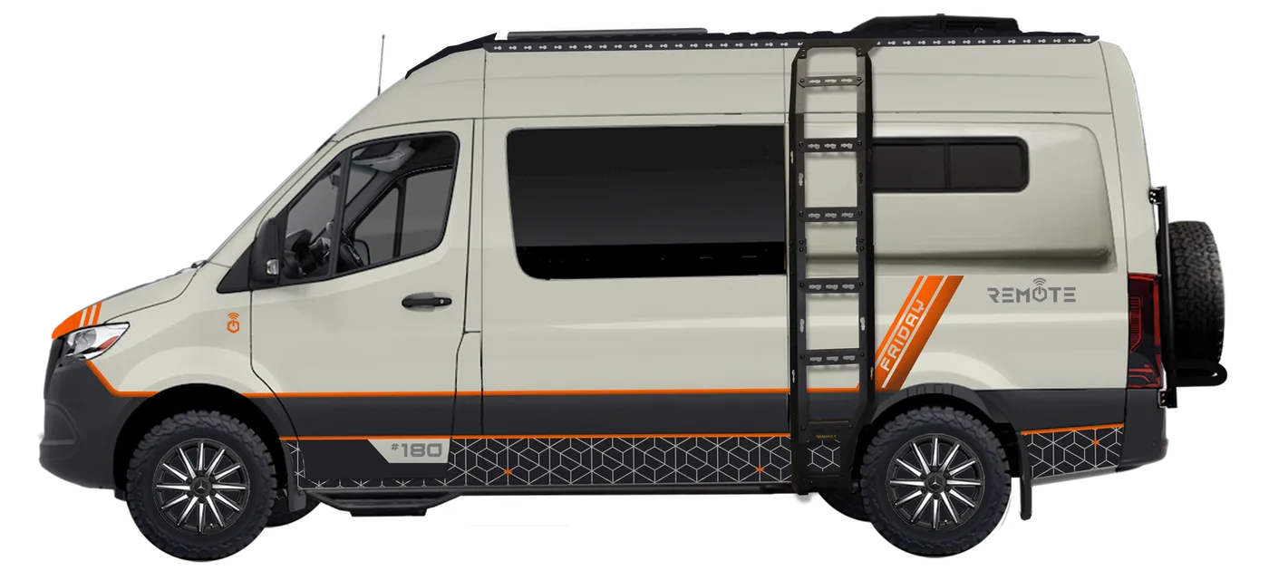 Remote Vans Friday camper van parked on an off-road trail outdoors