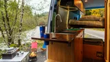 Kitchen area in Mercedes-Benz Wild Blu Class B camper van rental in Bellevue Washington
