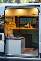 Kitchen area in Dodge Alpenglow Class B camper van rental in Bellevue Washington
