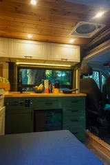 Kitchen area in Dodge Alpenglow Class B camper van rental in Bellevue Washington