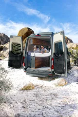 Bed setup inside Mercedes-Benz Yardman2 camper van rental in Eastvale California