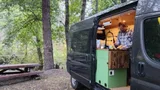 Kitchen area in RAM Surf Hippo Class B camper van rental in Bellevue Washington